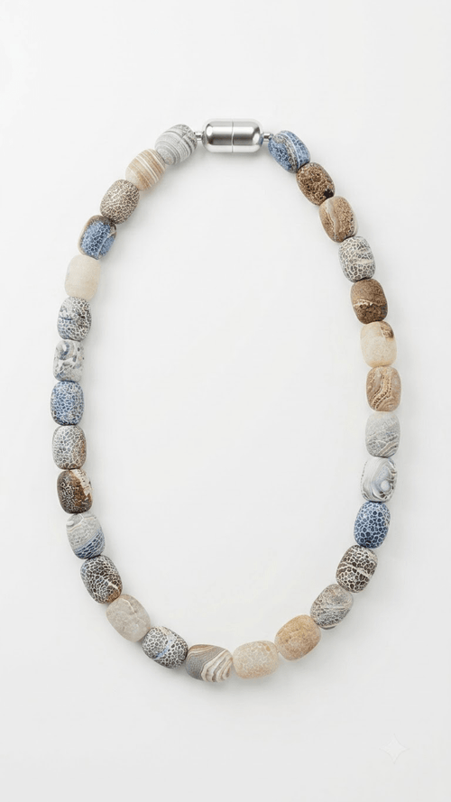 Natural Weathered Agate Bead Necklace – Matte Dragon Vein Agate Barrel Bead Choker with Magnetic Clasp - Gemsterling