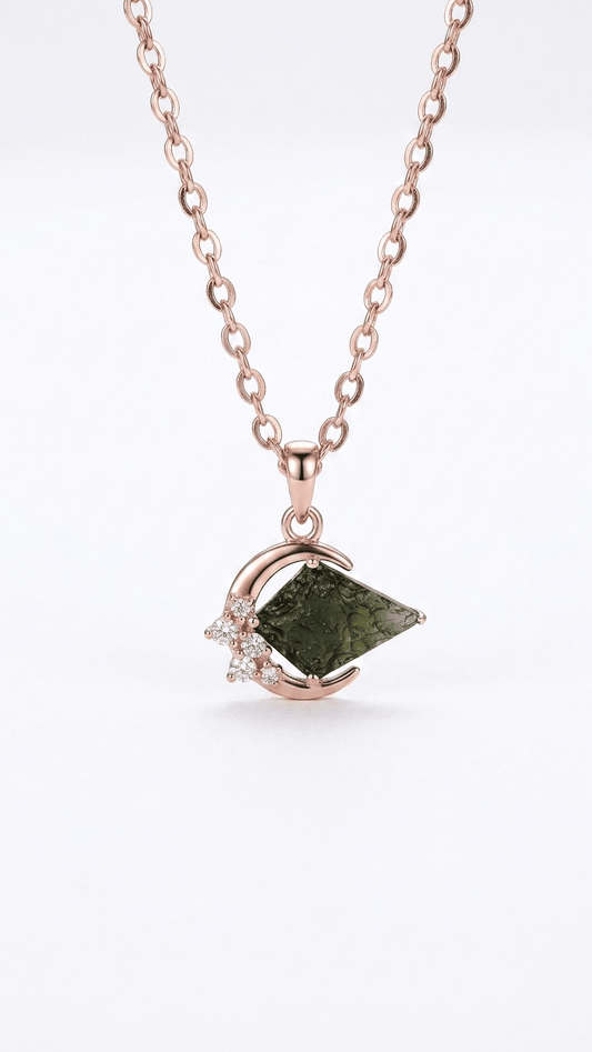 Raw Moldavite Crescent Moon Pendant Necklace – 925 Sterling Silver Rose Gold - Gemsterling
