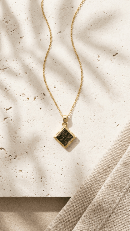 Raw Moldavite Diamond-Shape Pendant Necklace in Gold Plated Silver - Gemsterling