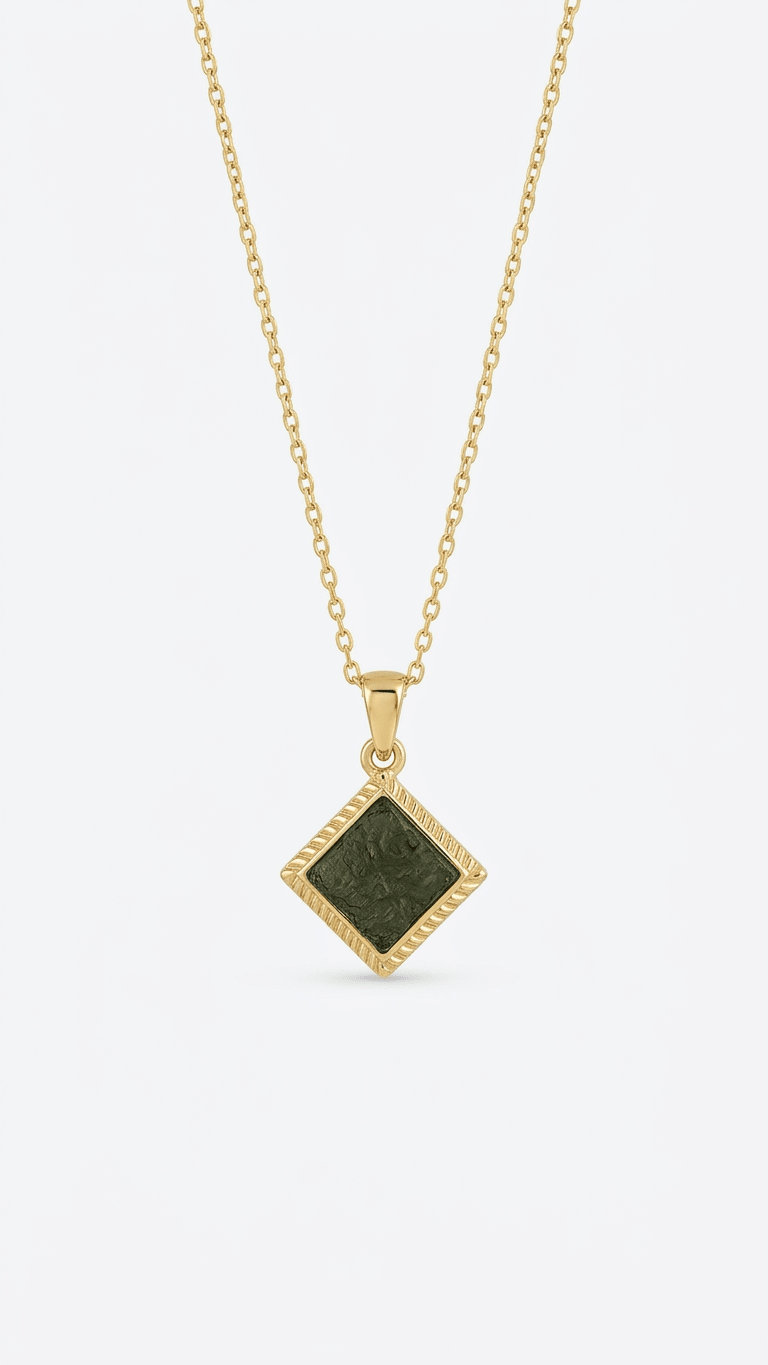 Raw Moldavite Diamond-Shape Pendant Necklace in Gold Plated Silver - Gemsterling
