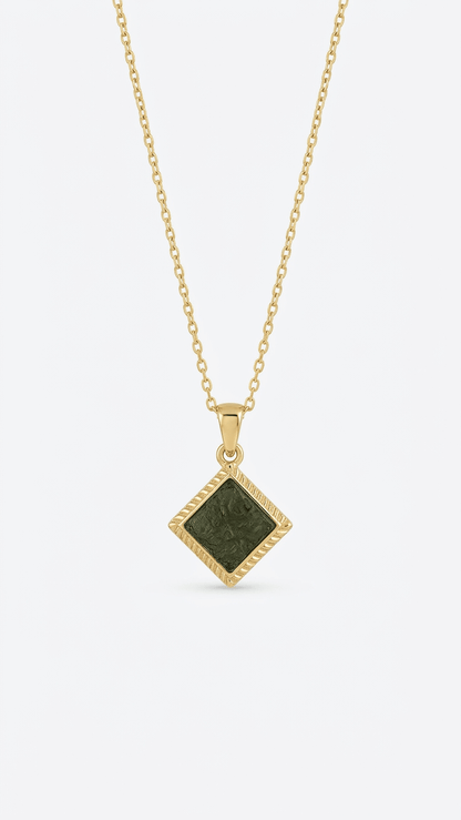 Raw Moldavite Diamond-Shape Pendant Necklace in Gold Plated Silver - Gemsterling
