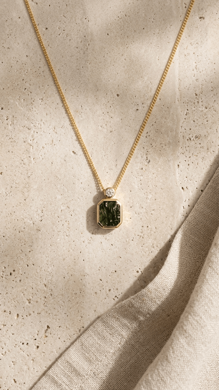 Raw Moldavite Pendant Necklace in Gold Plated Silver - Gemsterling