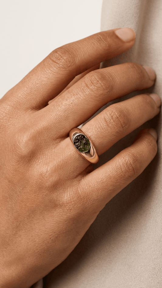 Raw Moldavite Signet Ring in Gold Plated Silver - Gemsterling