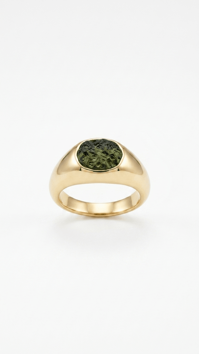 Raw Moldavite Signet Ring in Gold Plated Silver - Gemsterling
