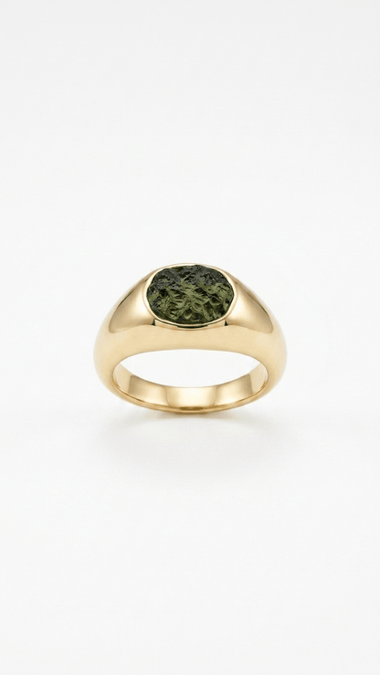 Raw Moldavite Signet Ring in Gold Plated Silver - Gemsterling