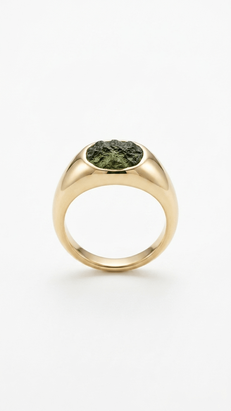 Raw Moldavite Signet Ring in Gold Plated Silver - Gemsterling