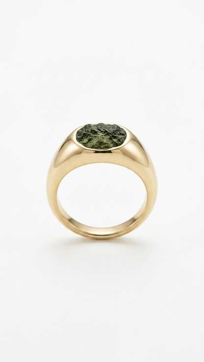 Raw Moldavite Signet Ring in Gold Plated Silver - Gemsterling
