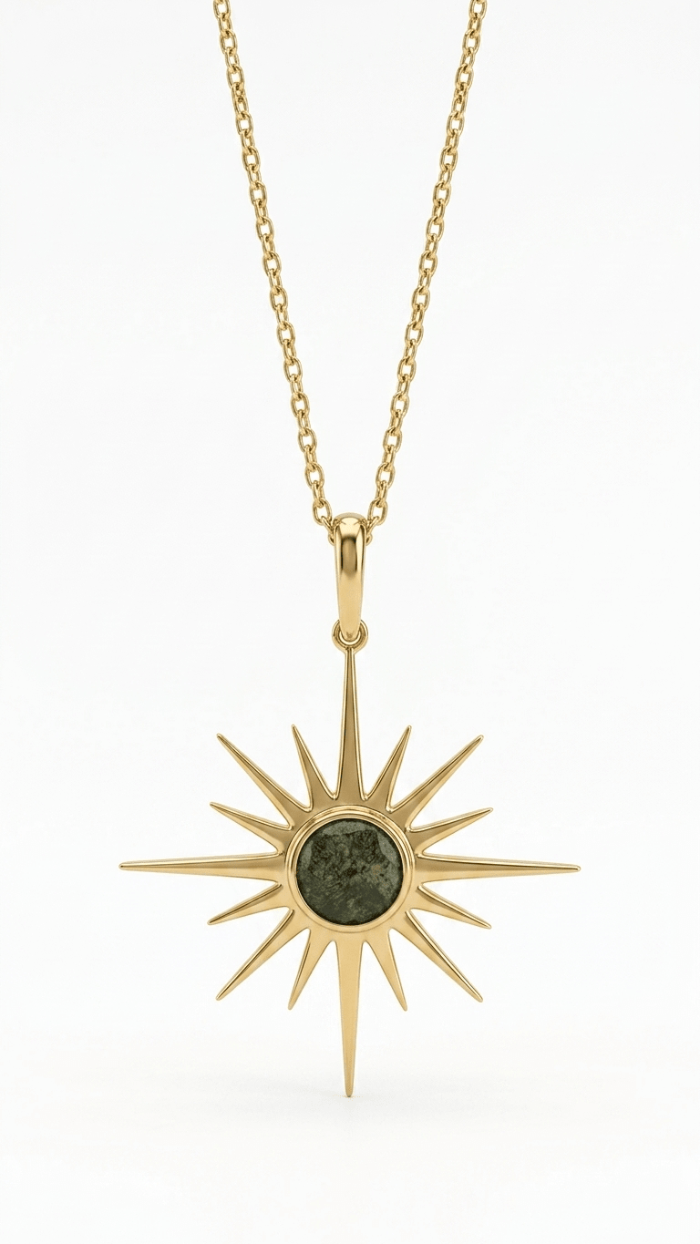 Raw Moldavite Sunburst Pendant Necklace in Gold Plated Silver - Gemsterling