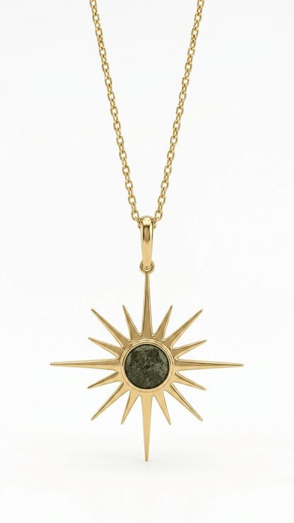 Raw Moldavite Sunburst Pendant Necklace in Gold Plated Silver - Gemsterling