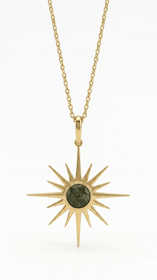 Raw Moldavite Sunburst Pendant Necklace in Gold Plated Silver - Gemsterling