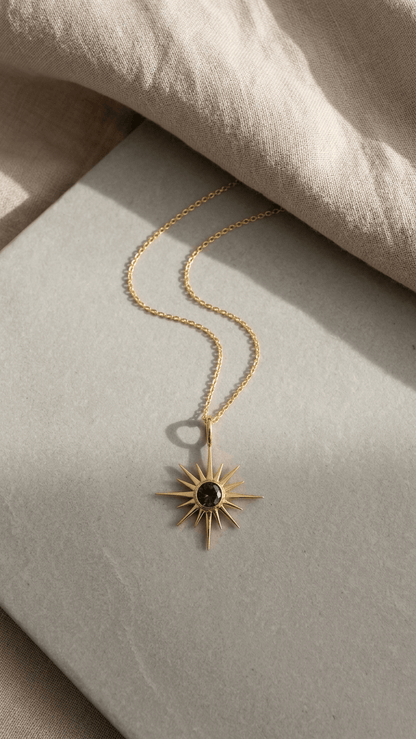 Raw Moldavite Sunburst Pendant Necklace in Gold Plated Silver - Gemsterling