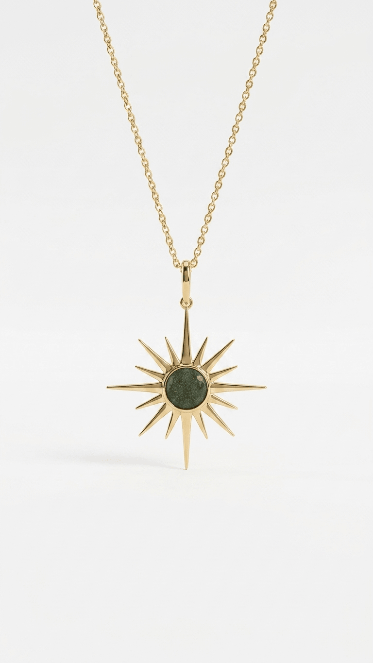 Raw Moldavite Sunburst Pendant Necklace in Gold Plated Silver - Gemsterling