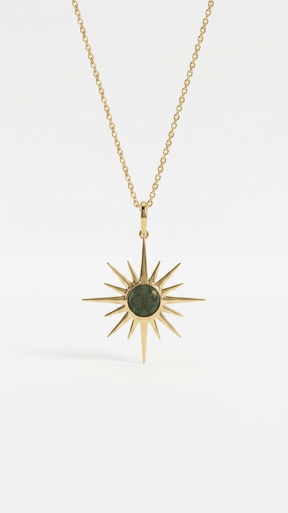 Raw Moldavite Sunburst Pendant Necklace in Gold Plated Silver - Gemsterling