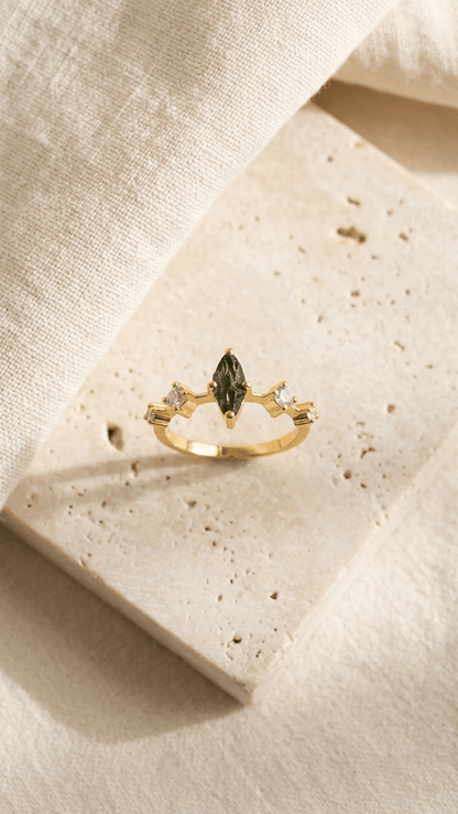 Raw Moldavite Tiara Crown Ring in Gold Plated Silver - Gemsterling