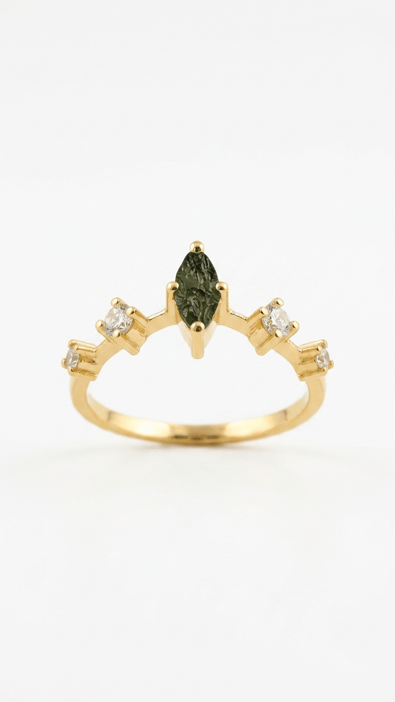 Raw Moldavite Tiara Crown Ring in Gold Plated Silver - Gemsterling