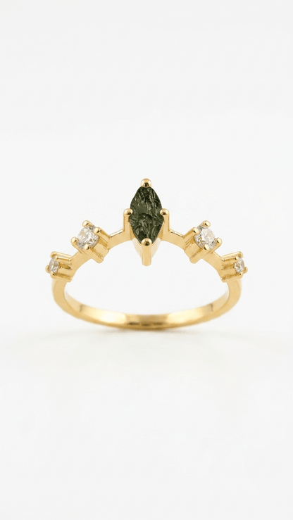 Raw Moldavite Tiara Crown Ring in Gold Plated Silver - Gemsterling