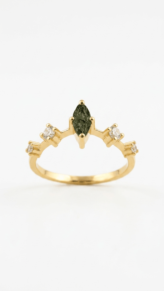 Raw Moldavite Tiara Crown Ring in Gold Plated Silver - Gemsterling
