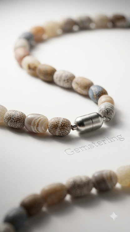 Natural Weathered Agate Bead Necklace – Matte Dragon Vein Agate Barrel Bead Choker with Magnetic Clasp