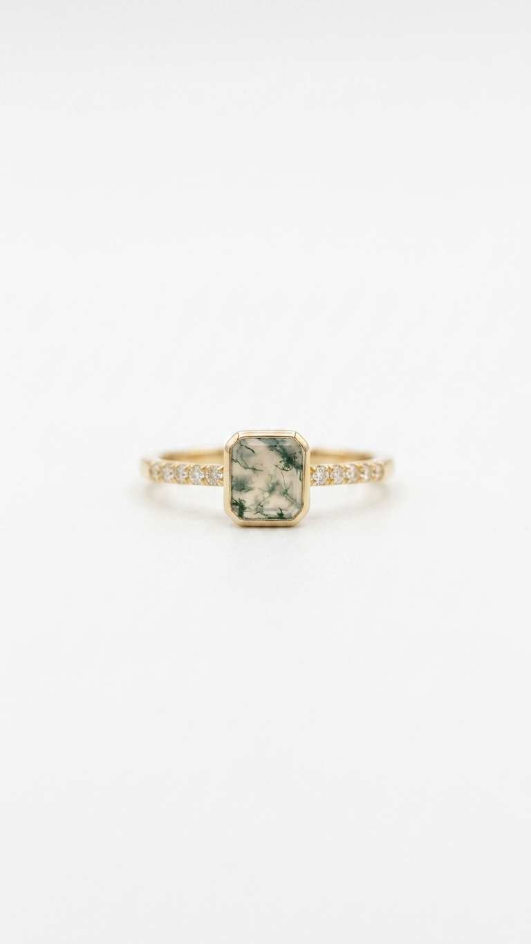 Square Moss Agate Minimalist Ring in 925 Sterling Silver