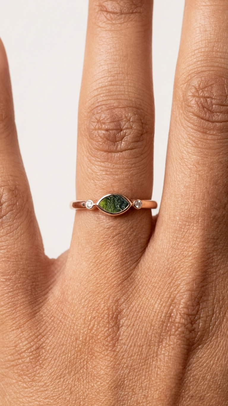 Raw Moldavite Minimalist Ring in Gold Plated Silver