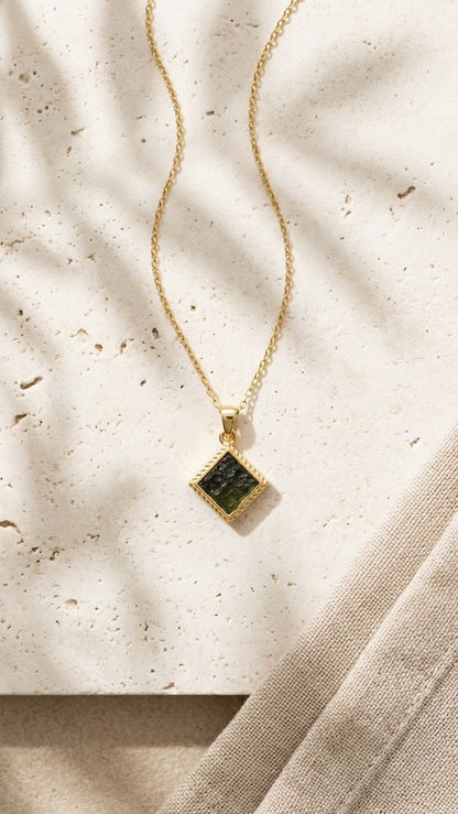 Raw Moldavite Diamond-Shape Pendant Necklace in Gold Plated Silver