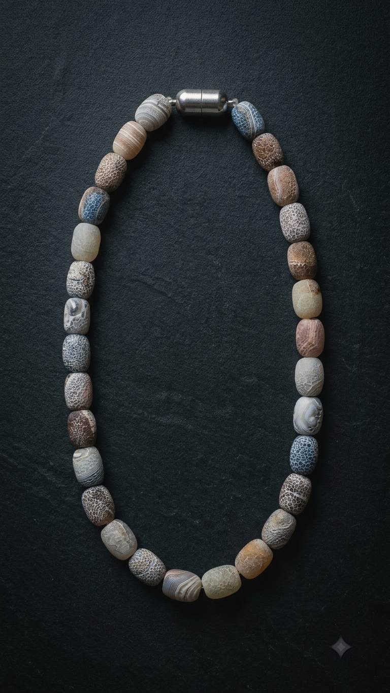Natural Weathered Agate Bead Necklace – Matte Dragon Vein Agate Barrel Bead Choker with Magnetic Clasp