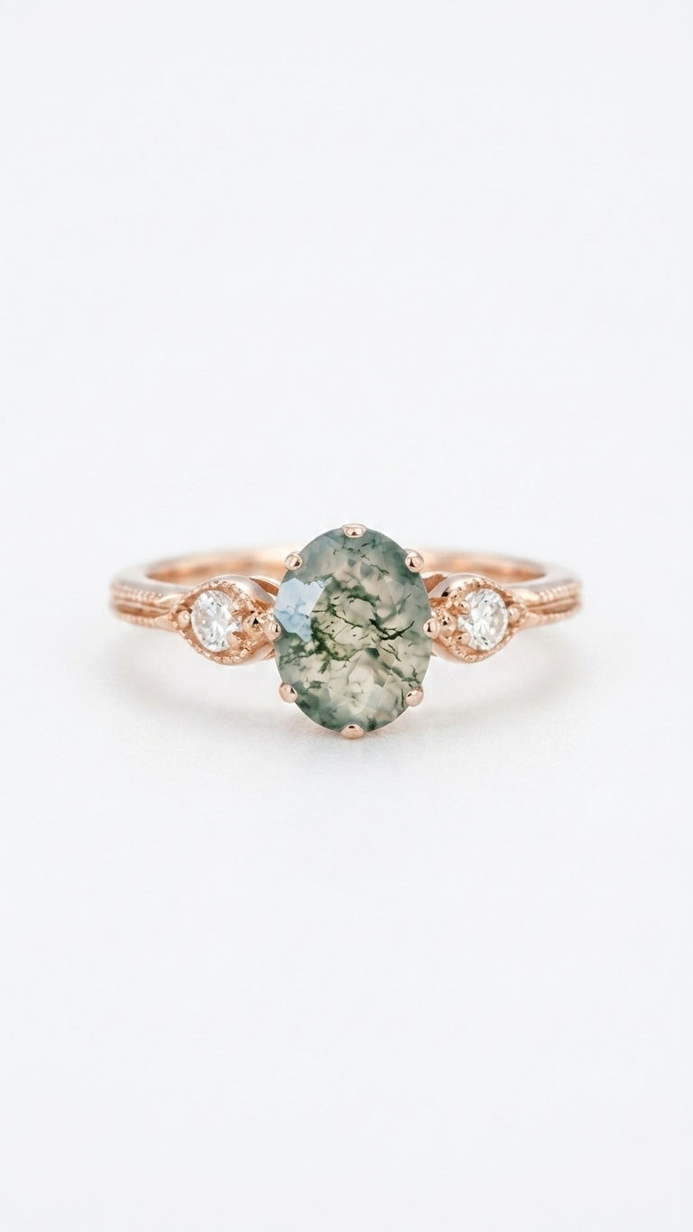 Natural Oval Moss Agate Ring – 925 Sterling Silver Rose Gold Vintage Engagement Ring