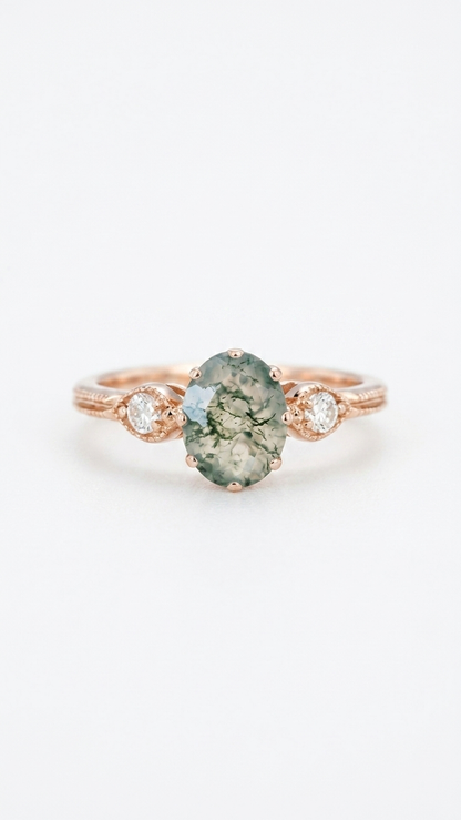 Natural Oval Moss Agate Ring – 925 Sterling Silver Rose Gold Vintage Engagement Ring