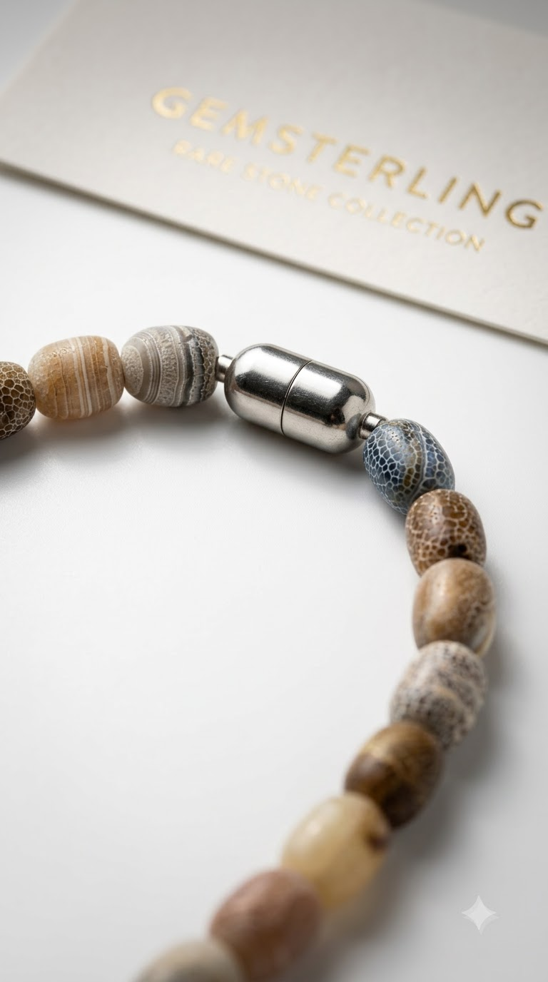 Natural Weathered Agate Bead Necklace – Matte Dragon Vein Agate Barrel Bead Choker with Magnetic Clasp