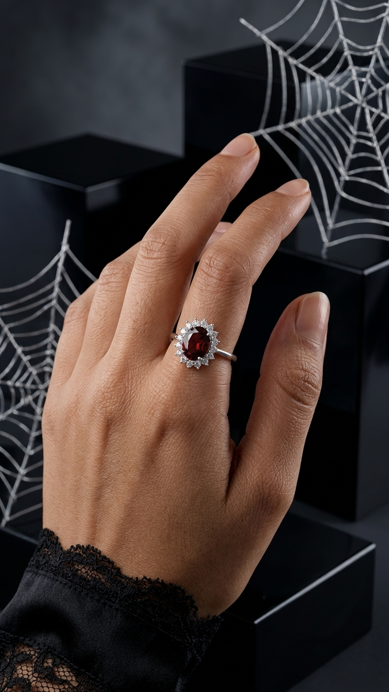 Natural Red Garnet Halo Ring – 925 Sterling Silver Gemstone Ring for Women