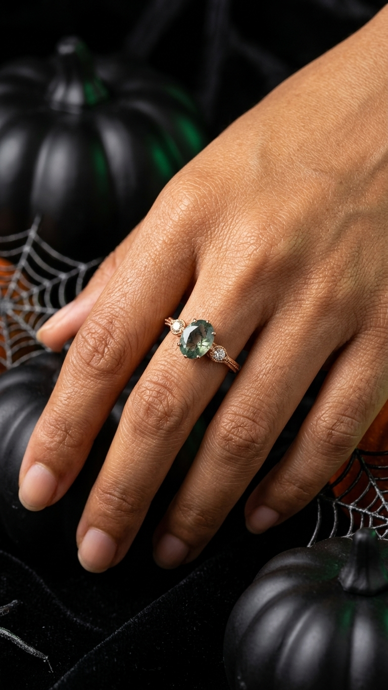Natural Oval Moss Agate Ring – 925 Sterling Silver Rose Gold Vintage Engagement Ring