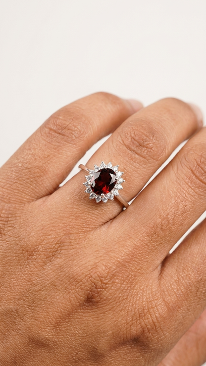 Natural Red Garnet Halo Ring – 925 Sterling Silver Gemstone Ring for Women