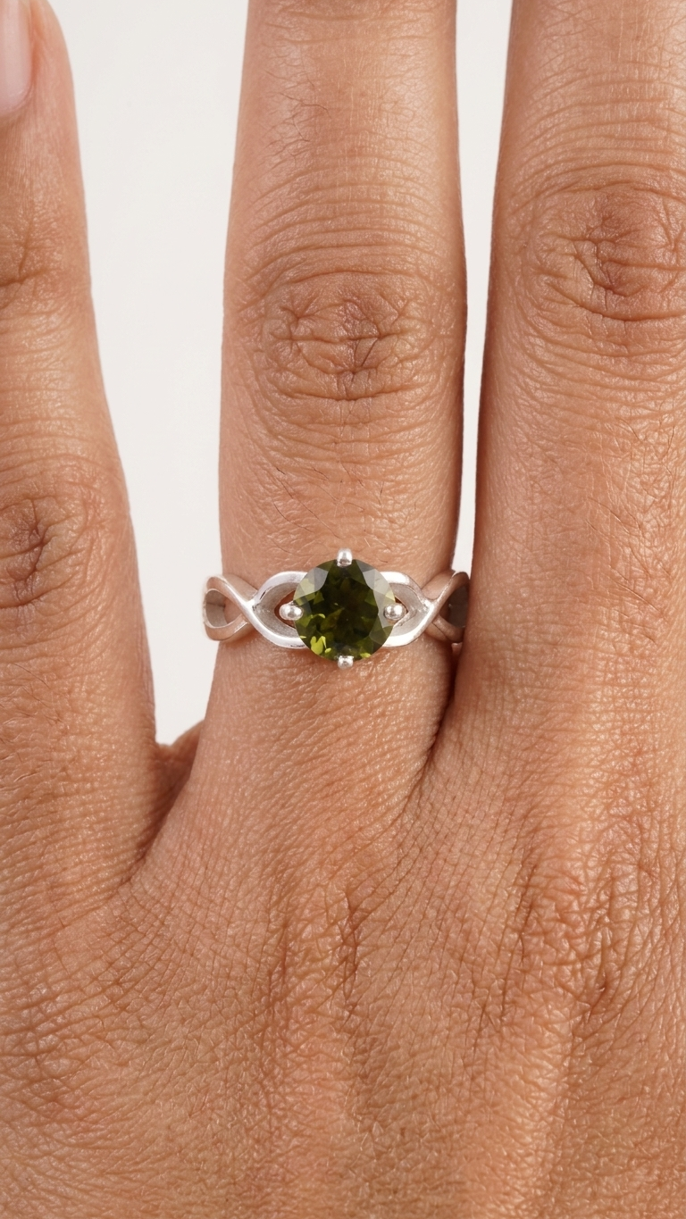 Natural Round Moldavite Gemstone Infinity Ring – 925 Sterling Silver Cosmic Gemstone Ring for Women