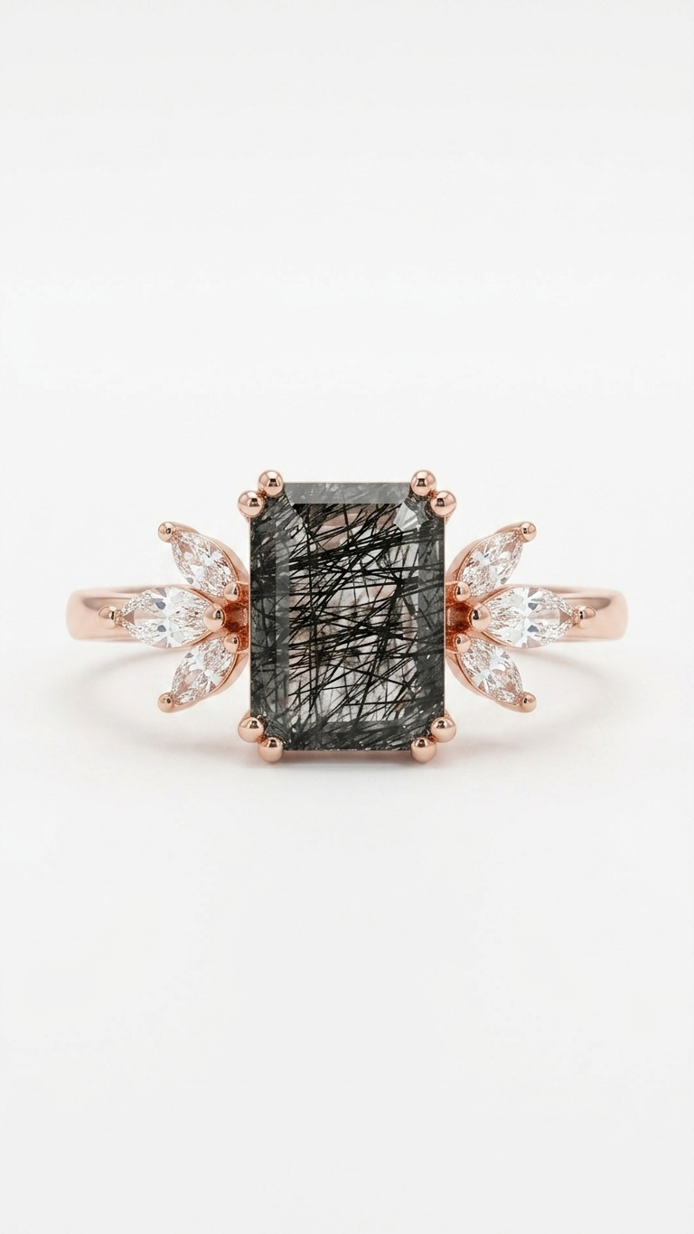 Black Rutilated Quartz & Marquise Accent Ring in 925 Sterling Silver