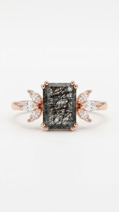 Black Rutilated Quartz & Marquise Accent Ring in 925 Sterling Silver