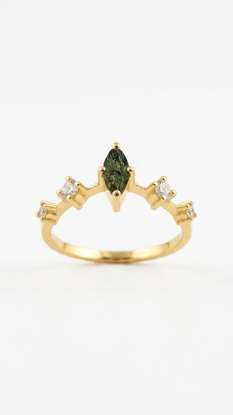 Raw Moldavite Tiara Crown Ring in Gold Plated Silver