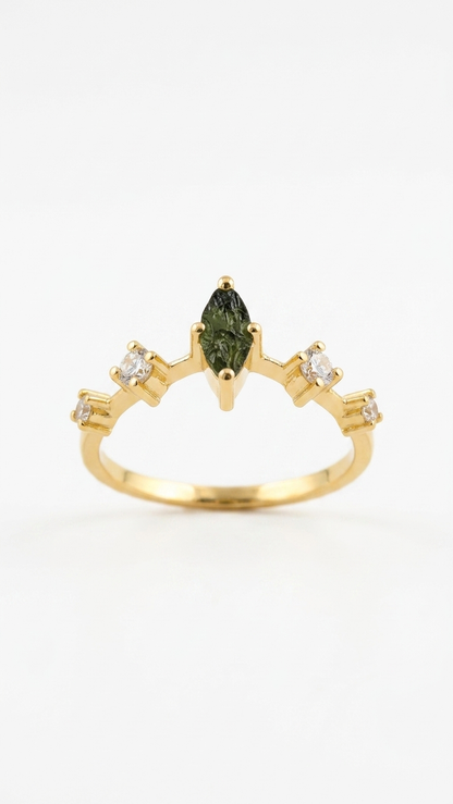 Raw Moldavite Tiara Crown Ring in Gold Plated Silver