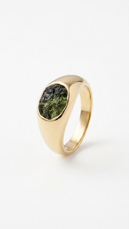 Raw Moldavite Signet Ring in Gold Plated Silver