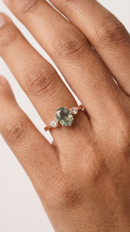 Natural Oval Moss Agate Ring – 925 Sterling Silver Rose Gold Vintage Engagement Ring