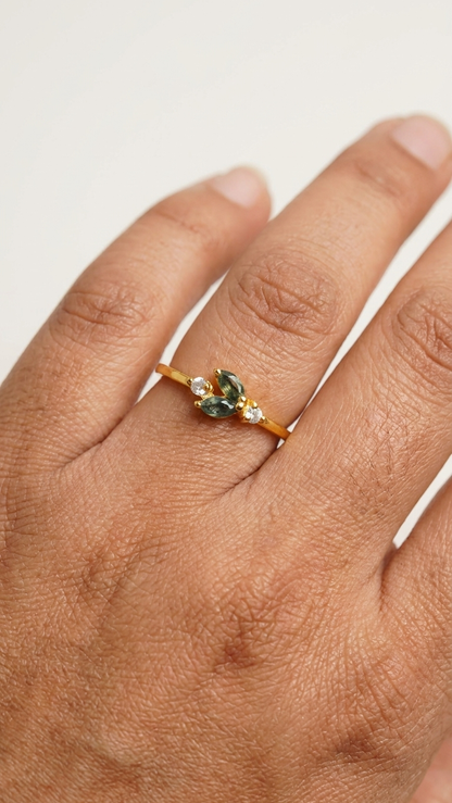 Dainty Multi-Stone Moss Agate and CZ Cluster Ring in 925 sterling with Gold Plated