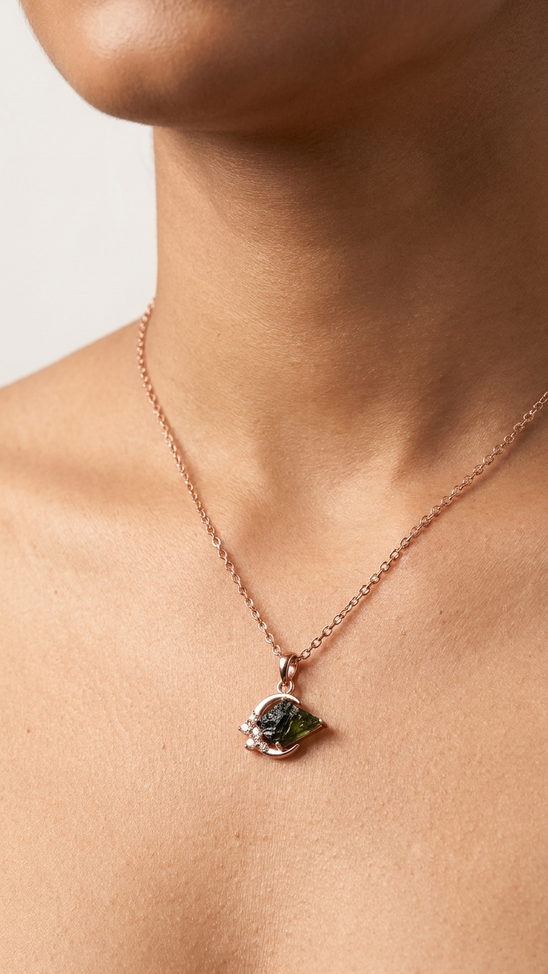 Raw Moldavite Crescent Moon Pendant Necklace – 925 Sterling Silver Rose Gold