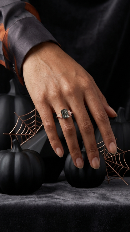 Black Rutilated Quartz & Marquise Accent Ring in 925 Sterling Silver