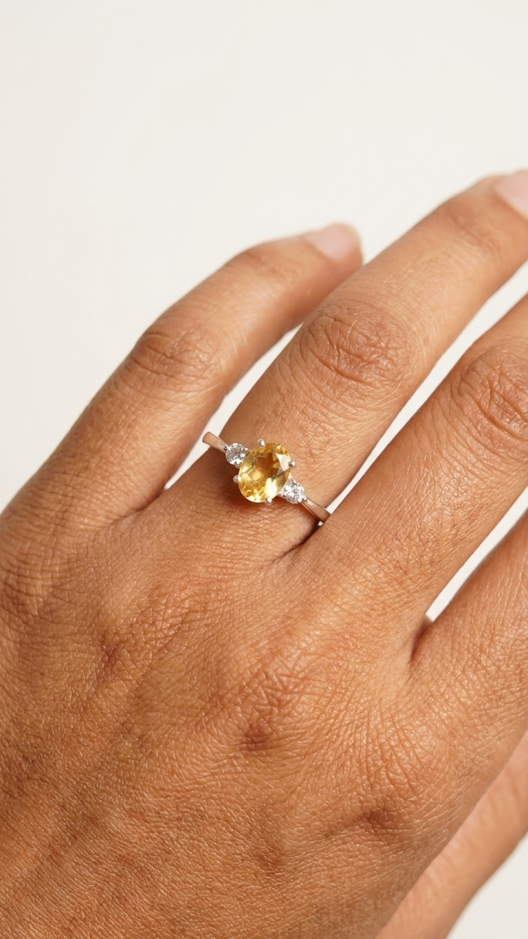 Natural Oval Citrine Ring – 925 Sterling Silver Three-Stone Gemstone Ring