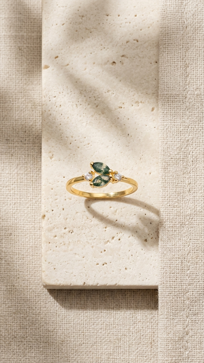 Dainty Multi-Stone Moss Agate and CZ Cluster Ring in 925 sterling with Gold Plated
