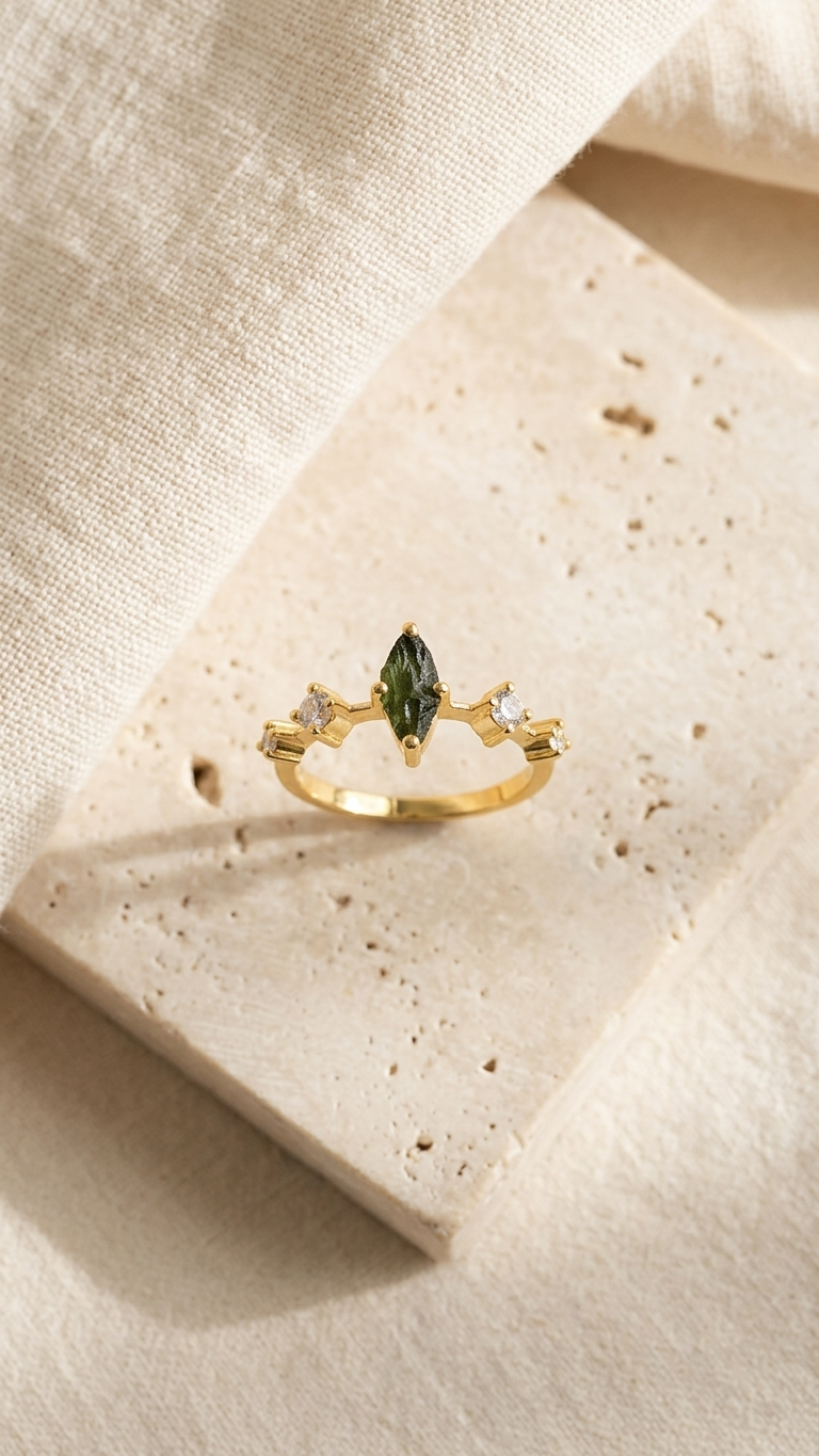 Raw Moldavite Tiara Crown Ring in Gold Plated Silver