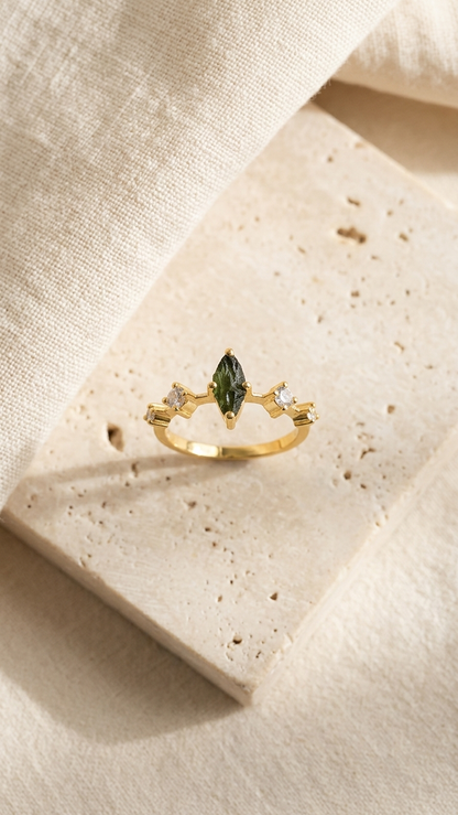 Raw Moldavite Tiara Crown Ring in Gold Plated Silver