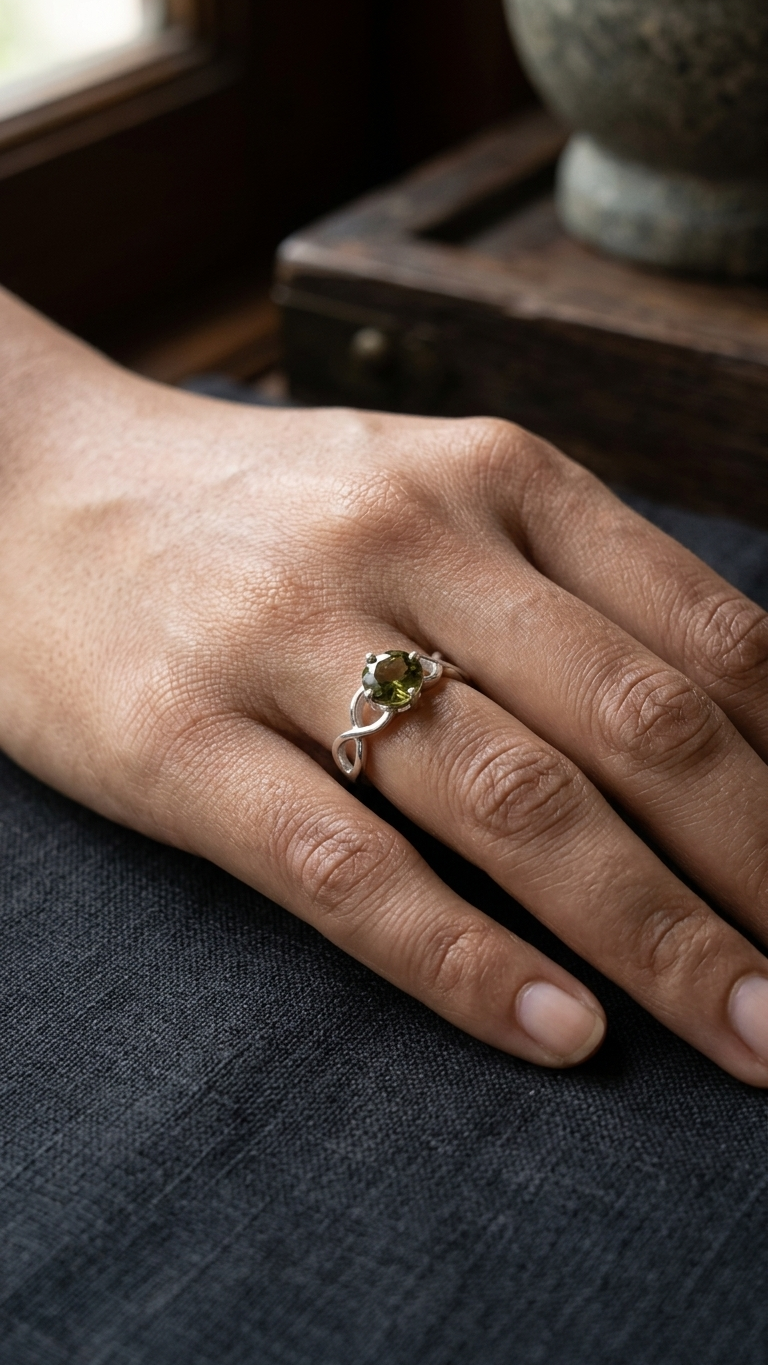 Natural Round Moldavite Gemstone Infinity Ring – 925 Sterling Silver Cosmic Gemstone Ring for Women