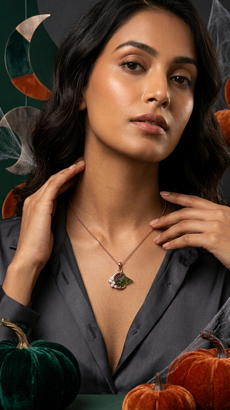 Raw Moldavite Crescent Moon Pendant Necklace – 925 Sterling Silver Rose Gold