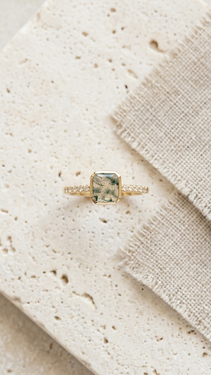 Square Moss Agate Minimalist Ring in 925 Sterling Silver