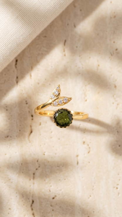 Natural Green Moldavite Ring with Sparkling CZ Mermaid Tail Accents in 925 Silver with Gold Plating